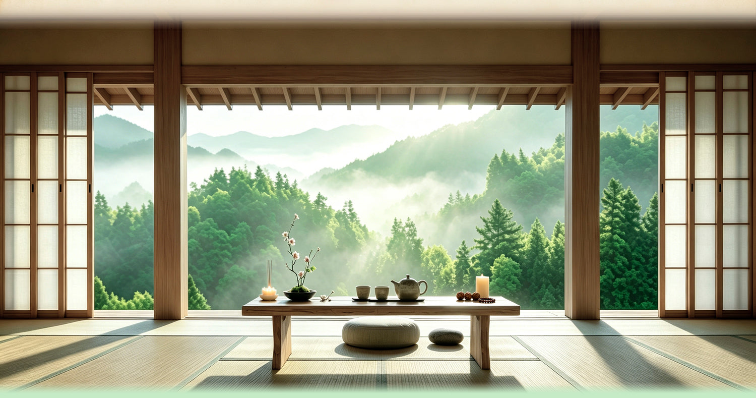 Japanese zen tea room with low wooden table, tea set and plum blossom branch, overlooking misty mountain forest through shoji sliding doors